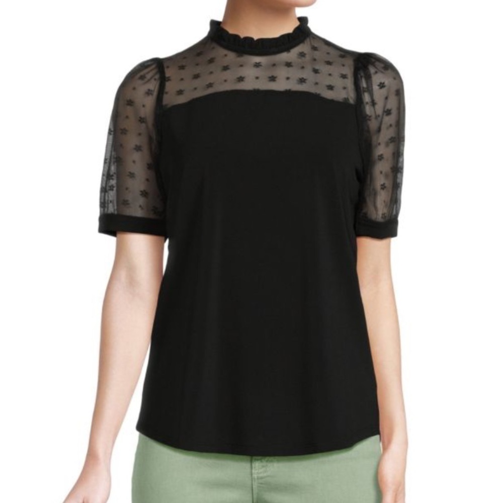 ADRIANNA PAPELL Floral Mesh Yoke Top Black Size Medium